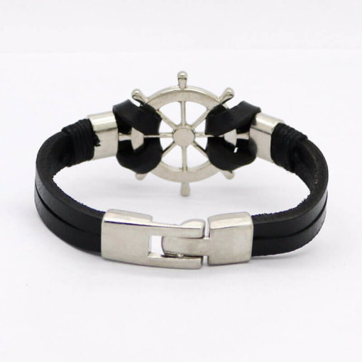 bracelet en cuir noir gouvernail vue de dos