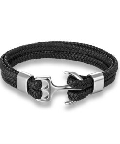 Bracelet-Corde-Tissée-en-Cuir-Ancre-Marine-argent